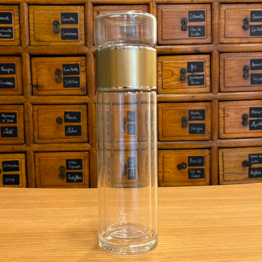Gourde en verre double paroi avec infuseur, coloris doré – Herboricare